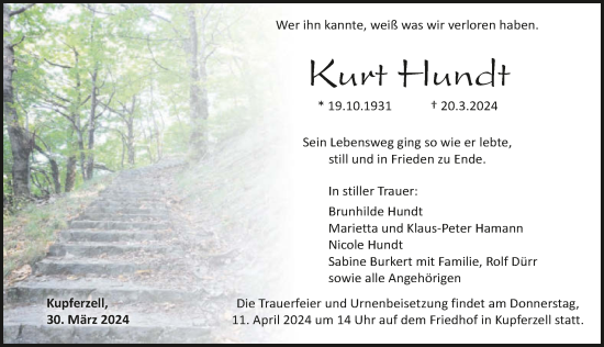Traueranzeige von Kurt Hundt von GESAMT