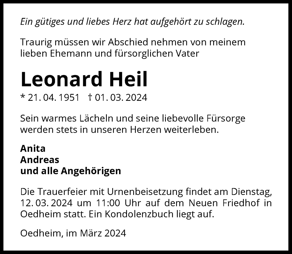  Traueranzeige für Leonard Heil vom 09.03.2024 aus GESAMT