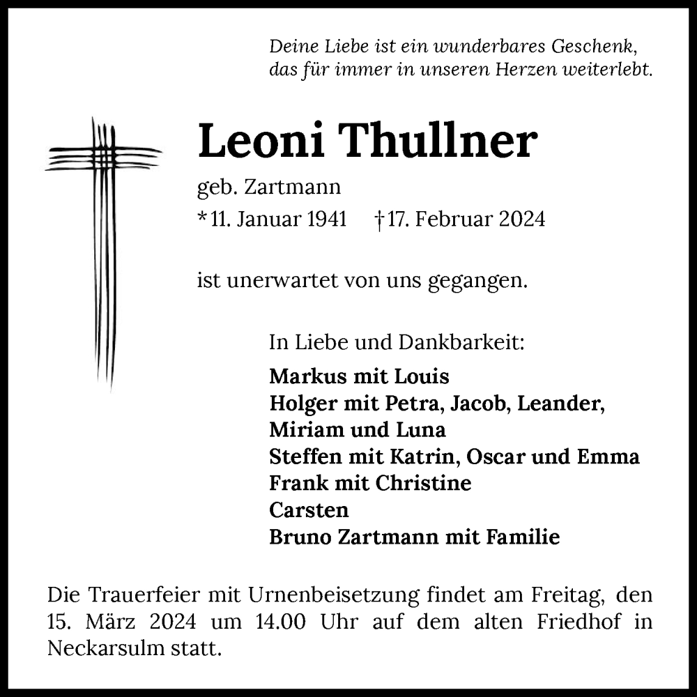  Traueranzeige für Leoni Thullner vom 08.03.2024 aus GESAMT