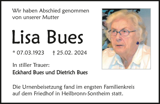 Traueranzeige von Lisa Bues von GESAMT