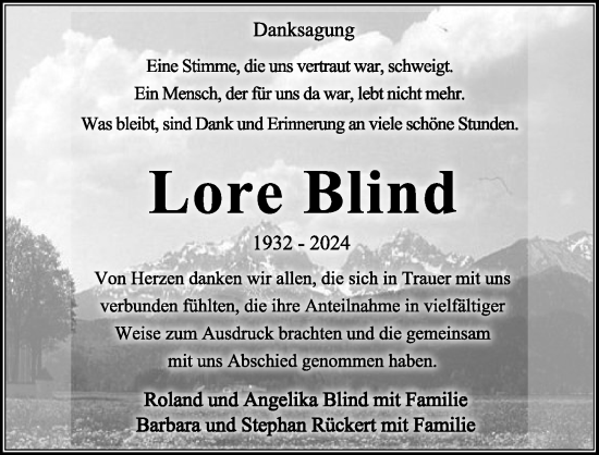 Traueranzeige von Lore Blind von GESAMT