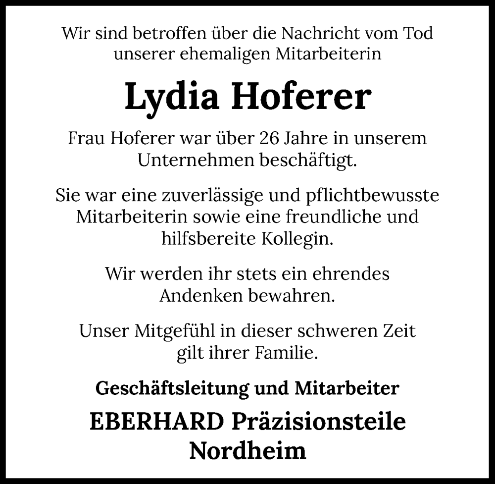  Traueranzeige für Lydia Hoferer vom 19.03.2024 aus GESAMT