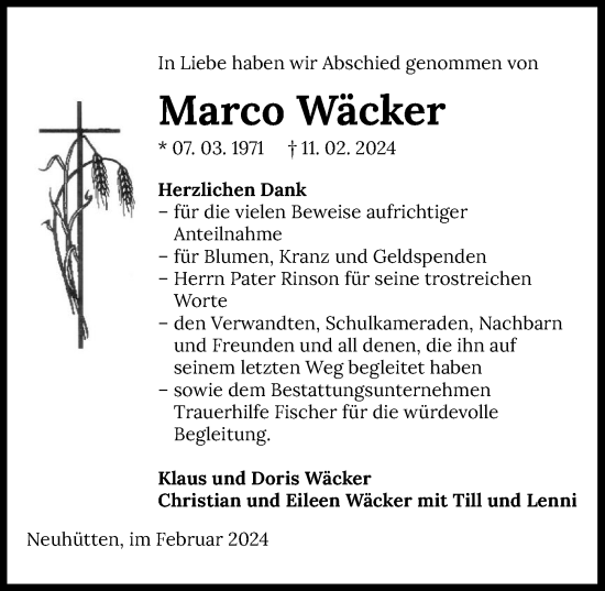 Traueranzeige von Marco Wäcker von GESAMT
