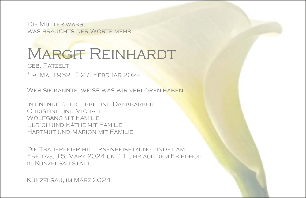  Traueranzeige für Margit Reinhardt vom 09.03.2024 aus GESAMT