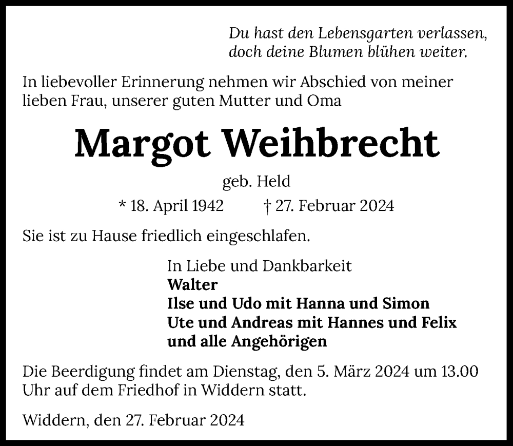  Traueranzeige für Margot Weihbrecht vom 02.03.2024 aus GESAMT