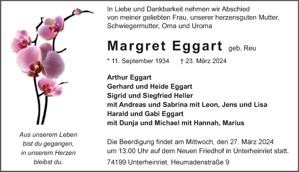  Traueranzeige für Margret Eggart vom 26.03.2024 aus GESAMT