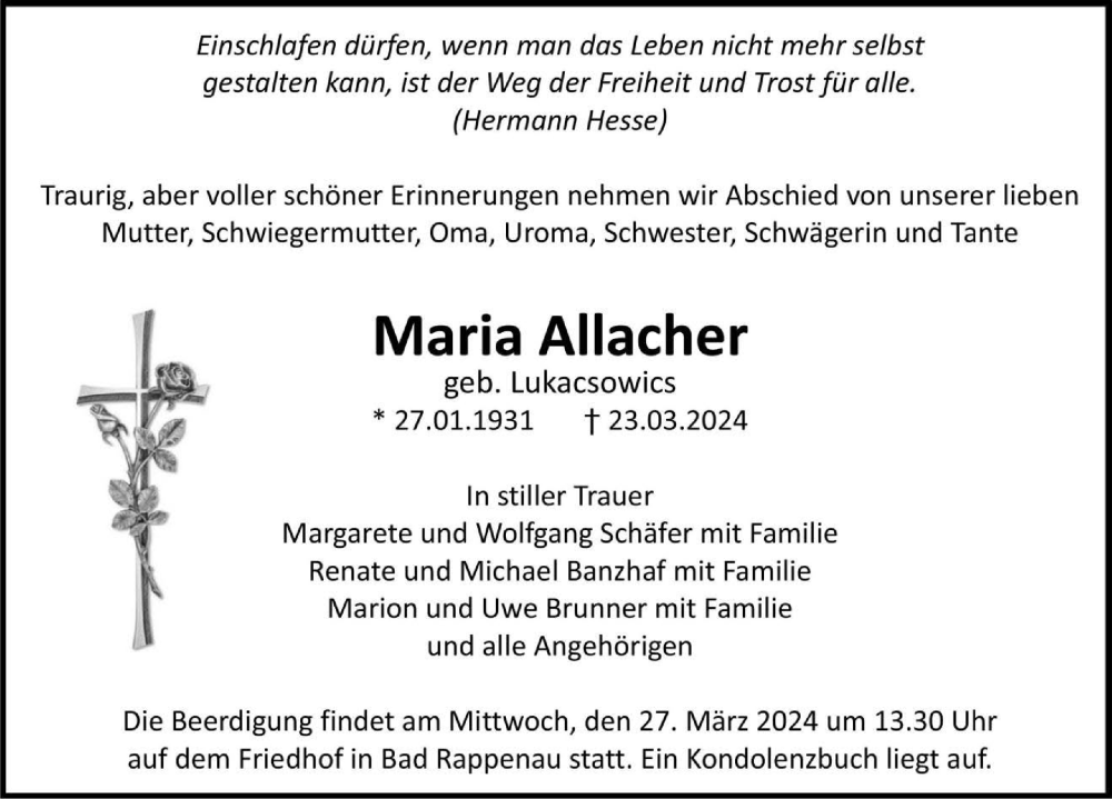  Traueranzeige für Maria Allacher vom 26.03.2024 aus GESAMT
