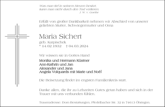 Traueranzeige von Maria Sichert von GESAMT