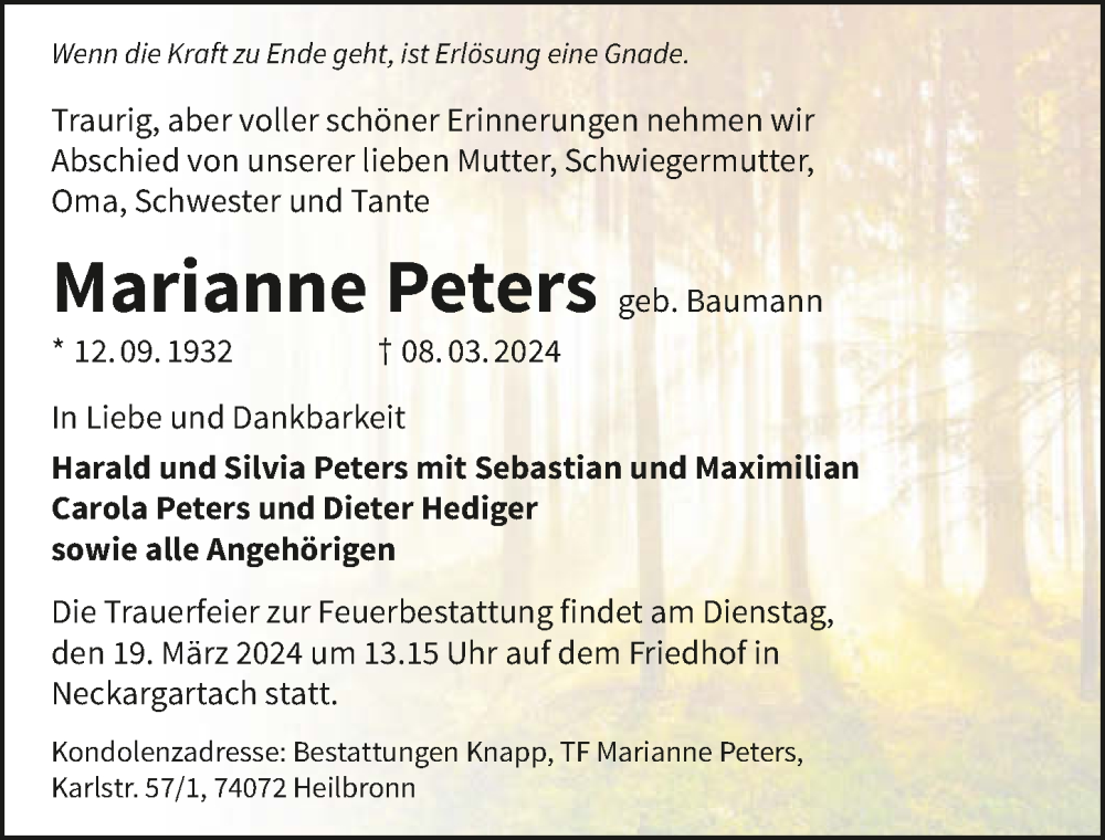  Traueranzeige für Marianne Peters vom 13.03.2024 aus GESAMT