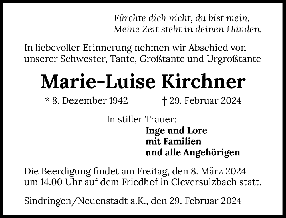  Traueranzeige für Marie-Luise Kirchner vom 05.03.2024 aus GESAMT