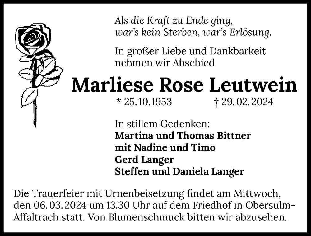  Traueranzeige für Marliese Rose Leutwein vom 02.03.2024 aus GESAMT