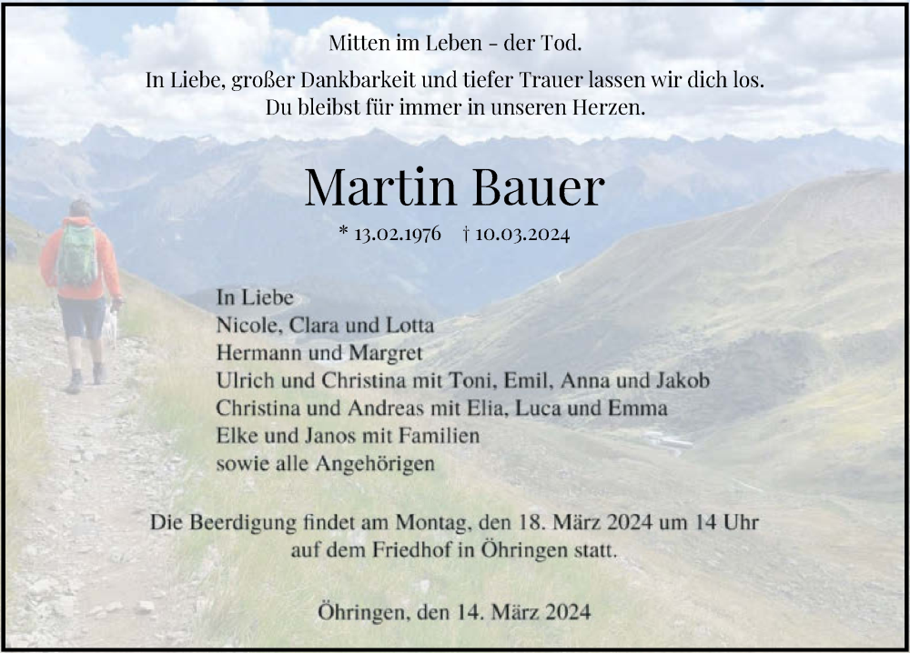  Traueranzeige für Martin Bauer vom 14.03.2024 aus GESAMT