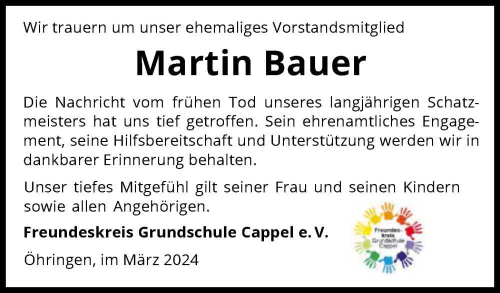  Traueranzeige für Martin Bauer vom 16.03.2024 aus GESAMT
