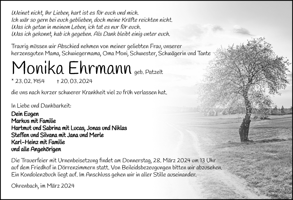  Traueranzeige für Monika Ehrmann vom 25.03.2024 aus GESAMT