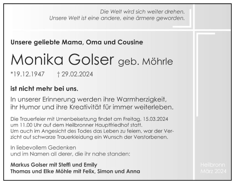  Traueranzeige für Monika Golser vom 06.03.2024 aus GESAMT