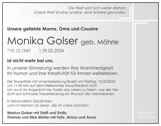 Traueranzeige von Monika Golser von GESAMT