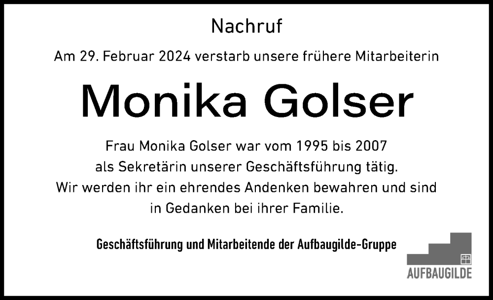  Traueranzeige für Monika Golser vom 09.03.2024 aus GESAMT