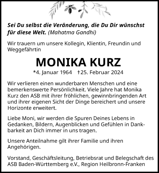 Traueranzeige von Monika Kurz von GESAMT