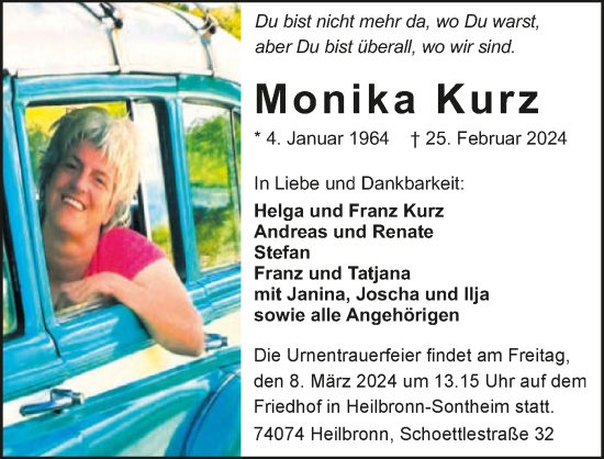 Traueranzeige von Monika Kurz von GESAMT