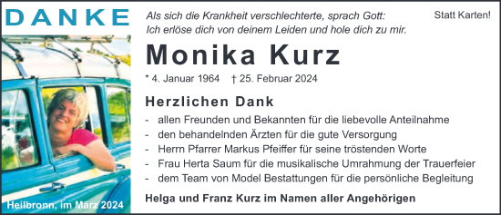 Traueranzeige von Monika Kurz von GESAMT