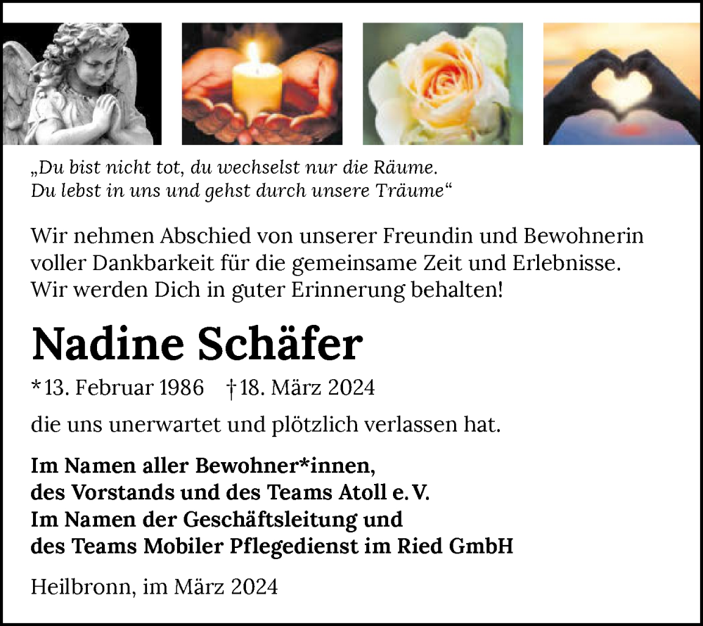  Traueranzeige für Nadine Schäfer vom 26.03.2024 aus GESAMT