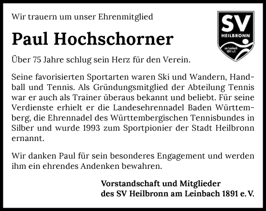 Traueranzeige von Paul Hochschorner von GESAMT