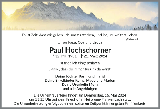 Traueranzeige von Paul Hochschorner von GESAMT