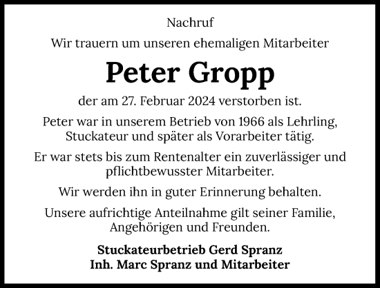 Traueranzeige von Peter Gropp von GESAMT
