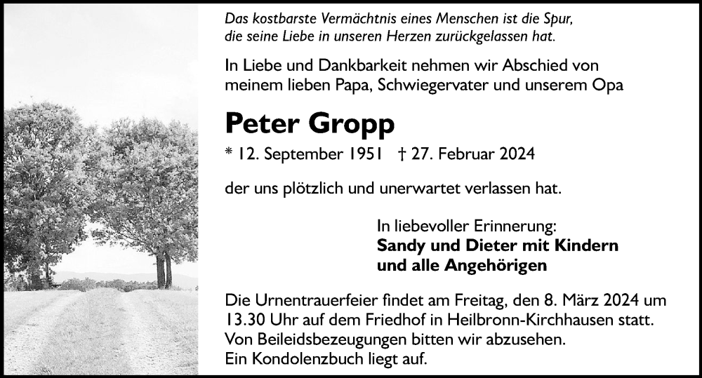  Traueranzeige für Peter Gropp vom 02.03.2024 aus GESAMT