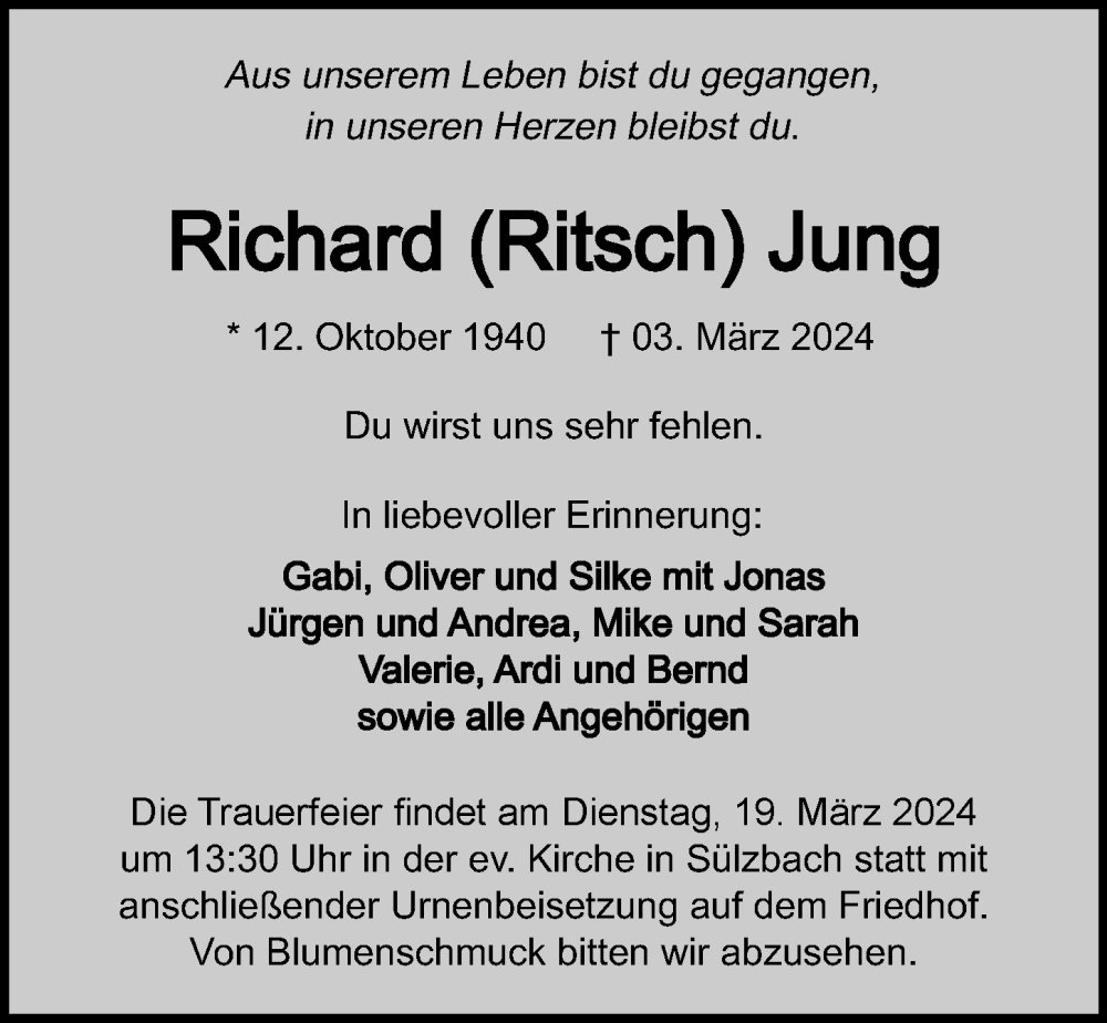  Traueranzeige für Richard Jung vom 13.03.2024 aus GESAMT