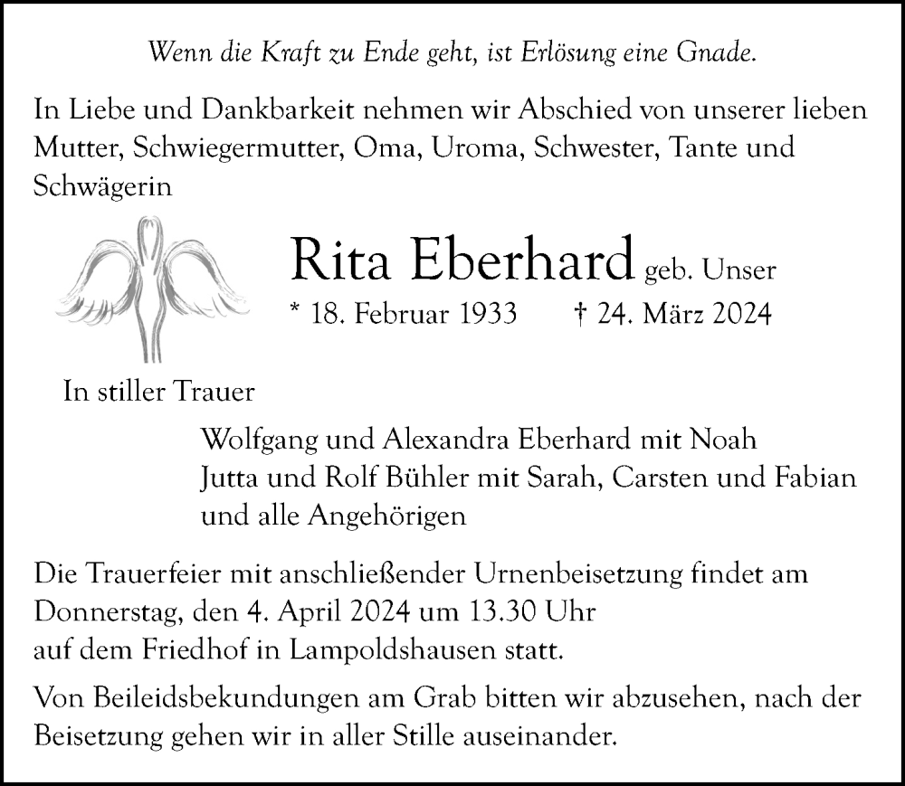  Traueranzeige für Rita Eberhard vom 30.03.2024 aus GESAMT