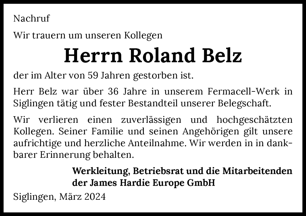  Traueranzeige für Roland Belz vom 02.03.2024 aus GESAMT