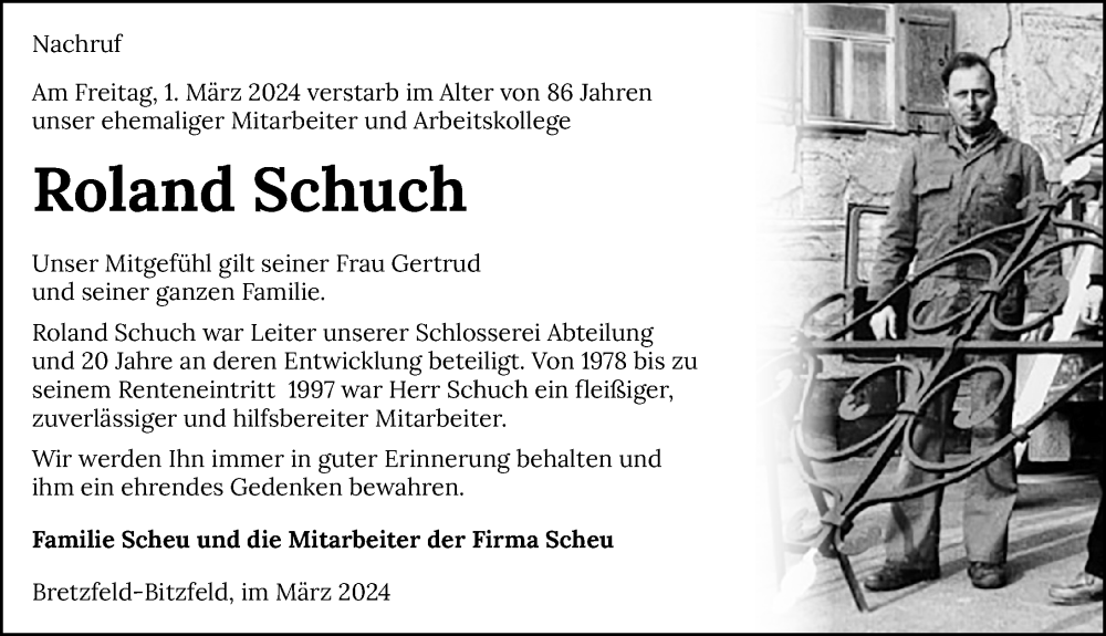  Traueranzeige für Roland Schuch vom 07.03.2024 aus GESAMT