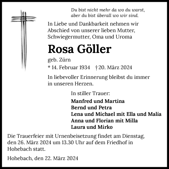 Traueranzeige von Rosa Göller von GESAMT