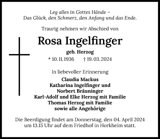 Traueranzeige von Rosa Ingelfinger von GESAMT