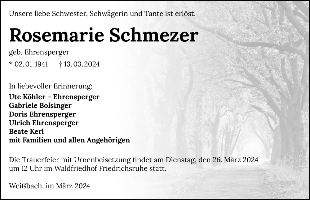  Traueranzeige für Rosemarie Schmezer vom 23.03.2024 aus GESAMT