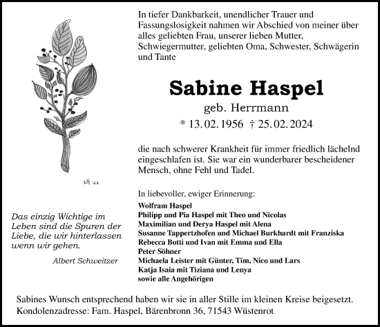 Traueranzeige von Sabine Haspel von GESAMT