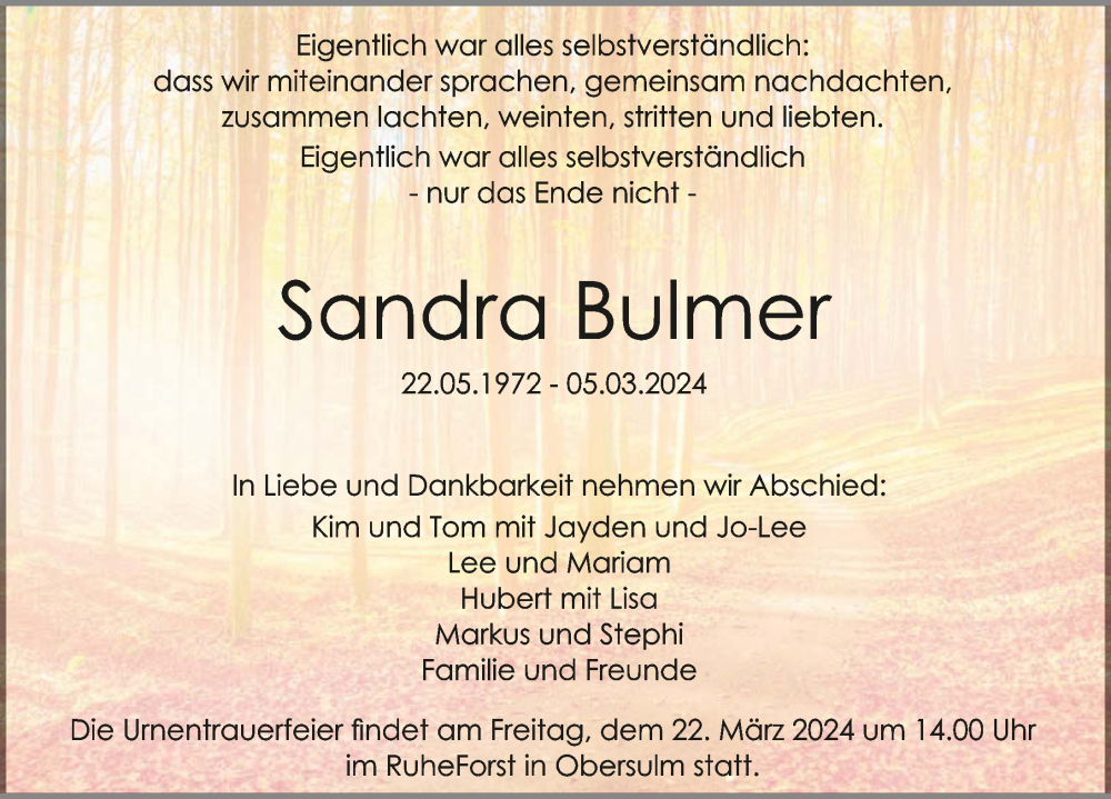  Traueranzeige für Sandra Bulmer vom 16.03.2024 aus GESAMT