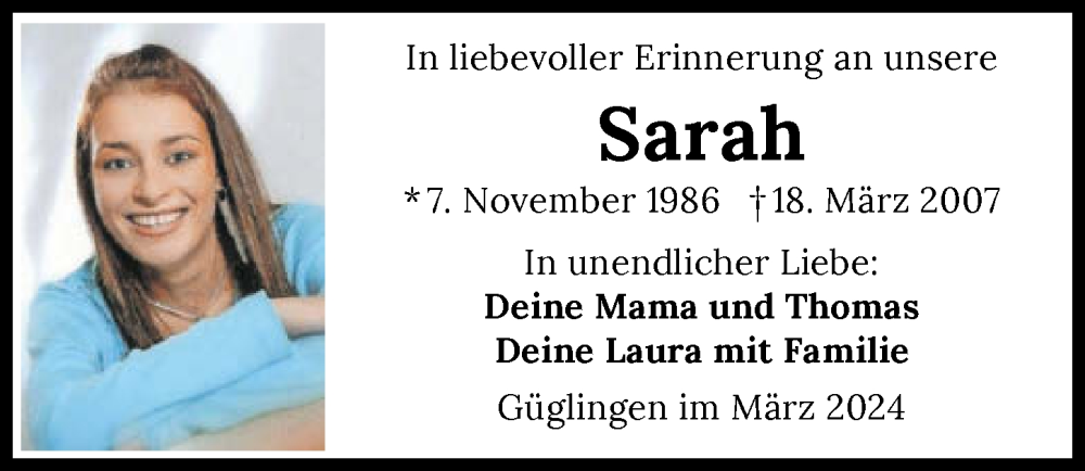  Traueranzeige für Sarah Wasiluk vom 18.03.2024 aus GESAMT