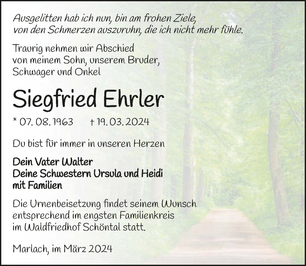  Traueranzeige für Siegfried Ehrler vom 23.03.2024 aus GESAMT