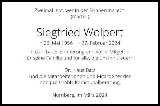 Traueranzeige von Siegfried Wolpert von GESAMT
