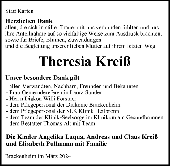 Traueranzeige von Theresia Kreiß von GESAMT