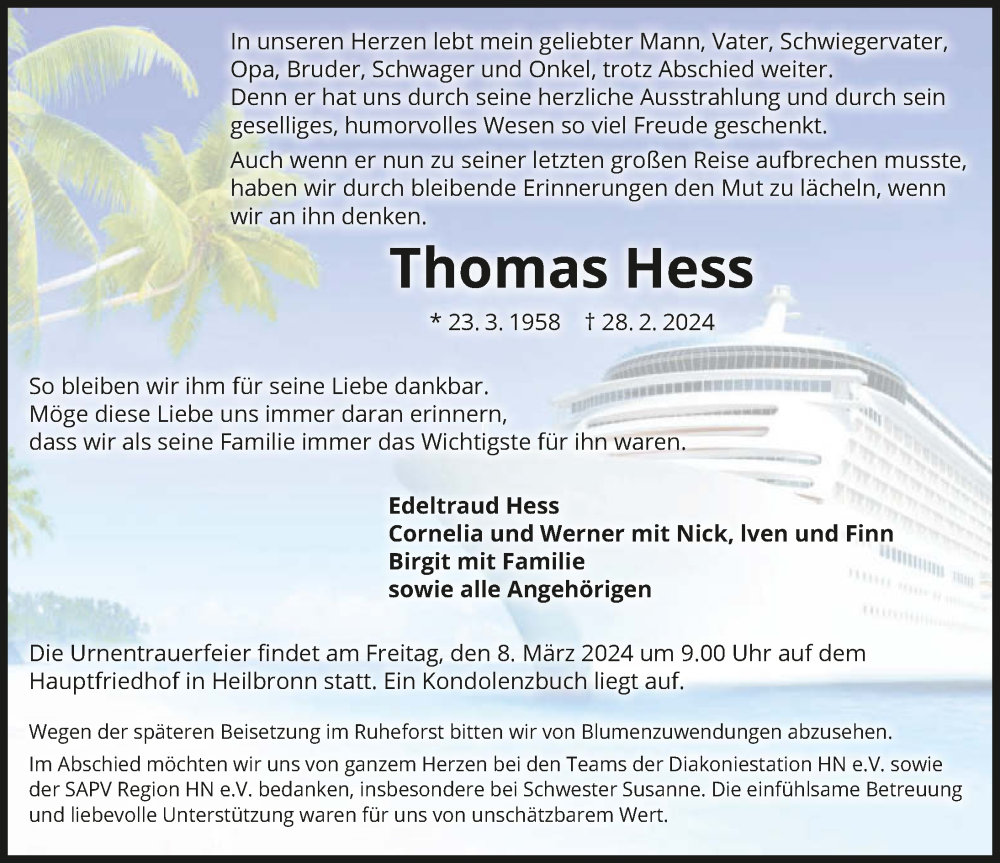  Traueranzeige für Thomas Hess vom 02.03.2024 aus GESAMT