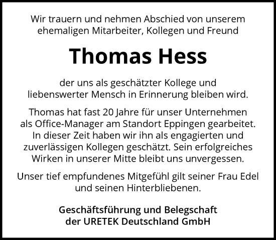Traueranzeige von Thomas Hess von GESAMT