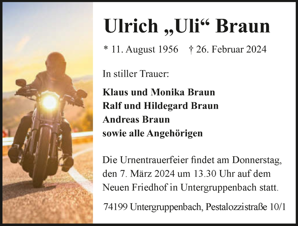  Traueranzeige für Ulrich Braun vom 02.03.2024 aus GESAMT