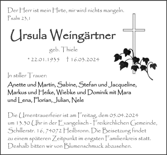 Traueranzeige von Ursula Weingärtner von GESAMT