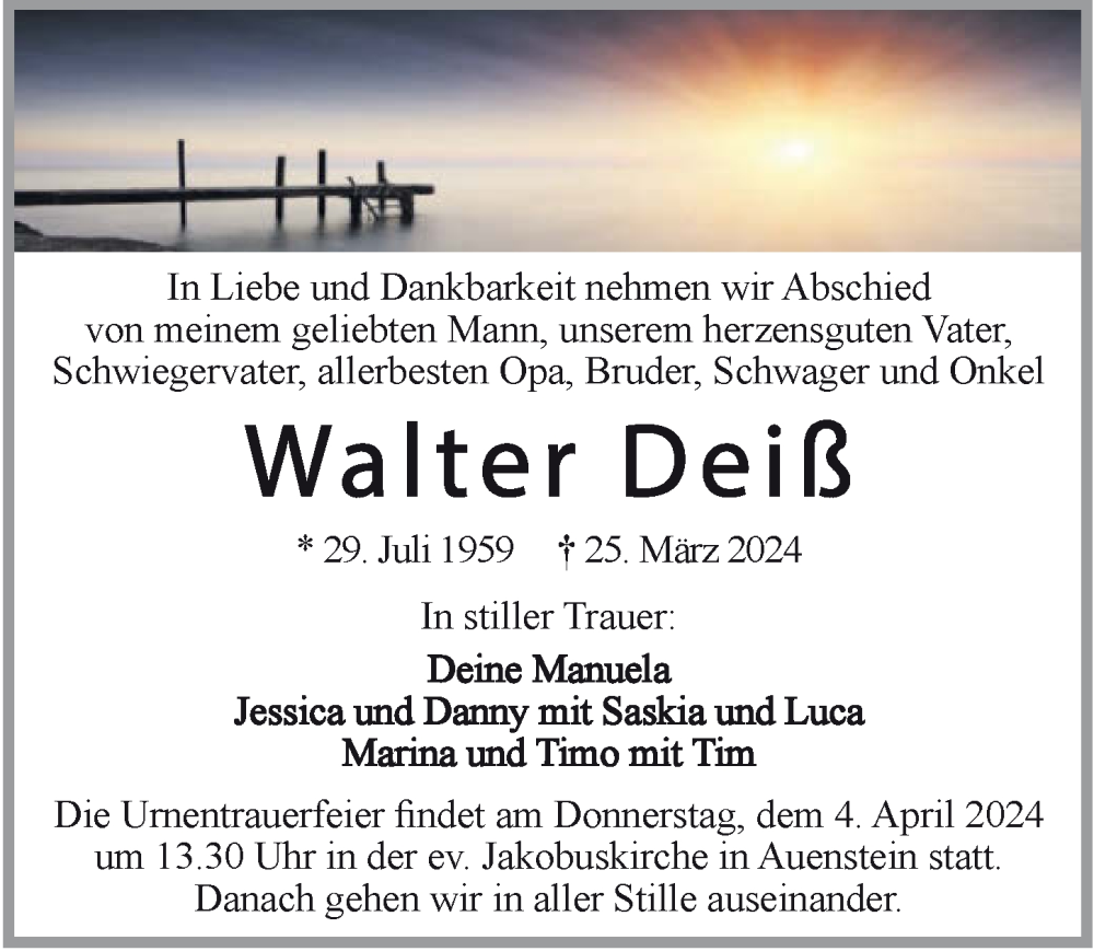  Traueranzeige für Walter Deiß vom 30.03.2024 aus GESAMT