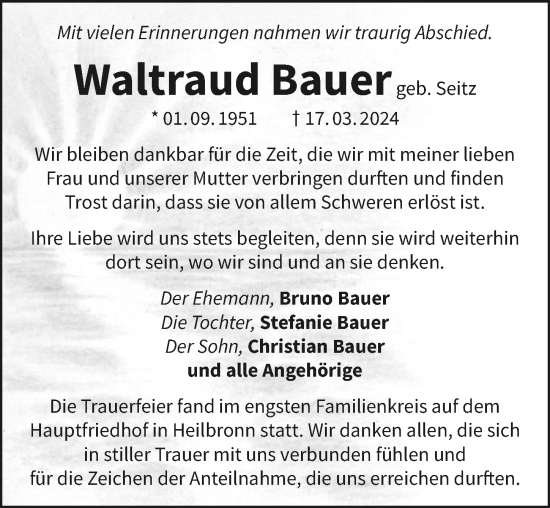 Traueranzeige von Waltraud Bauer von GESAMT