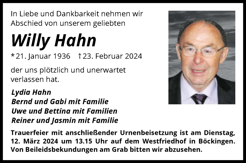  Traueranzeige für Willy Hahn vom 02.03.2024 aus GESAMT