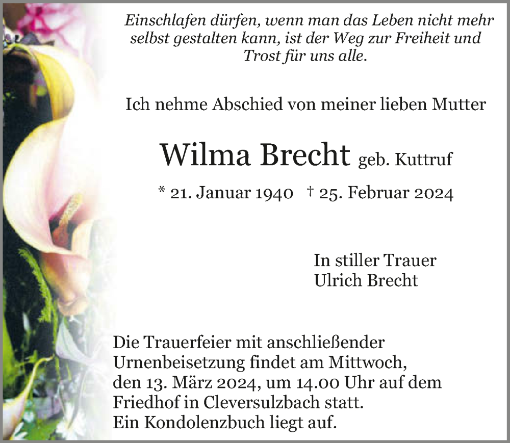  Traueranzeige für Wilma Brecht vom 08.03.2024 aus GESAMT